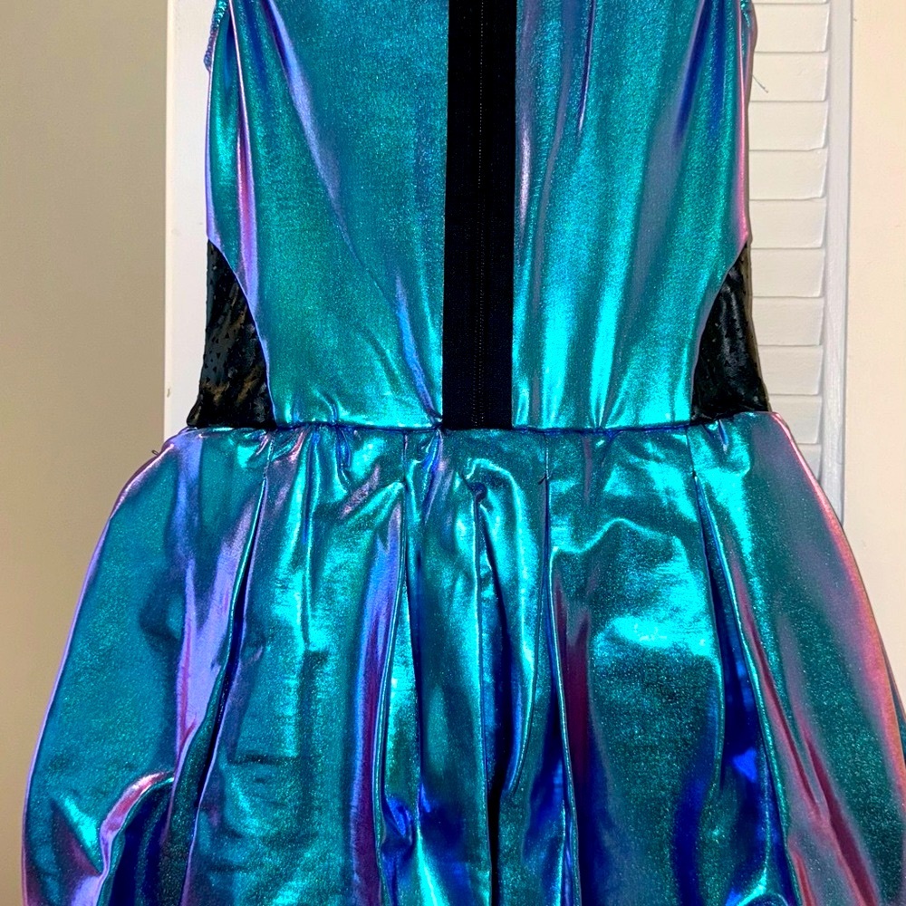 Super cool iridescent dance costume/dress Blue with Black Lace Accents